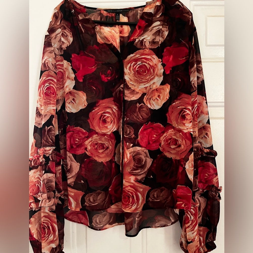 White House Black Market size L sheer blooming rose print blouse